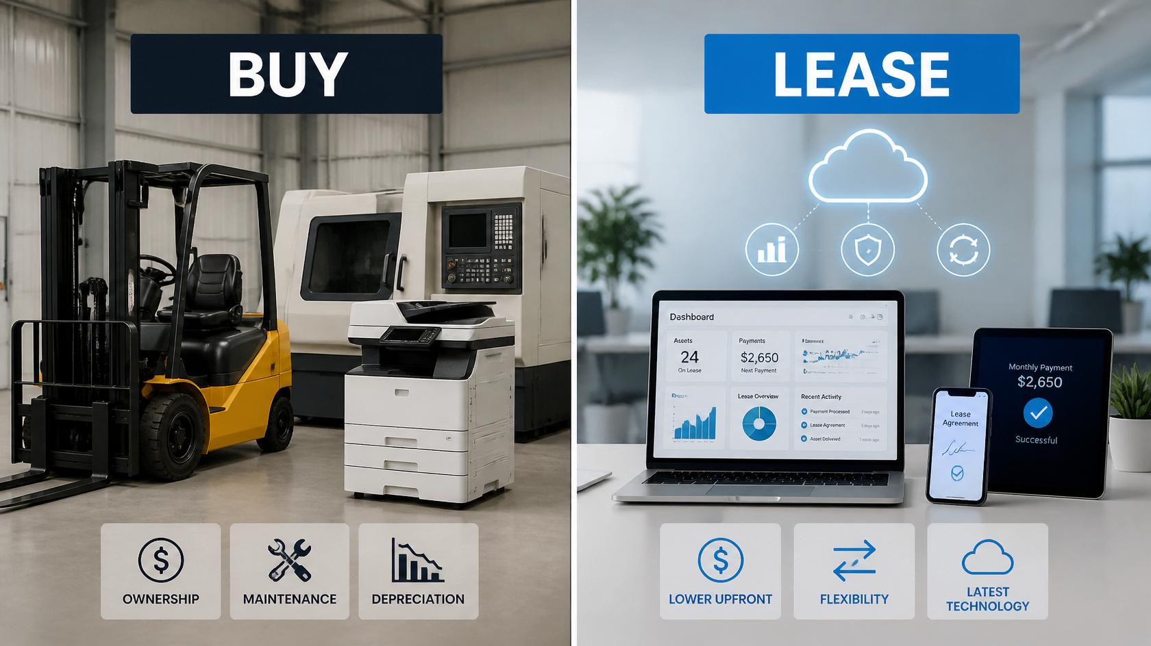 Split image comparing buy versus lease for business equipment: the left side shows a forklift and office machinery labeled ownership, maintenance, and depreciation, while the right side shows cloud-based leasing technology labeled lower upfront cost, flexibility, and latest technology.