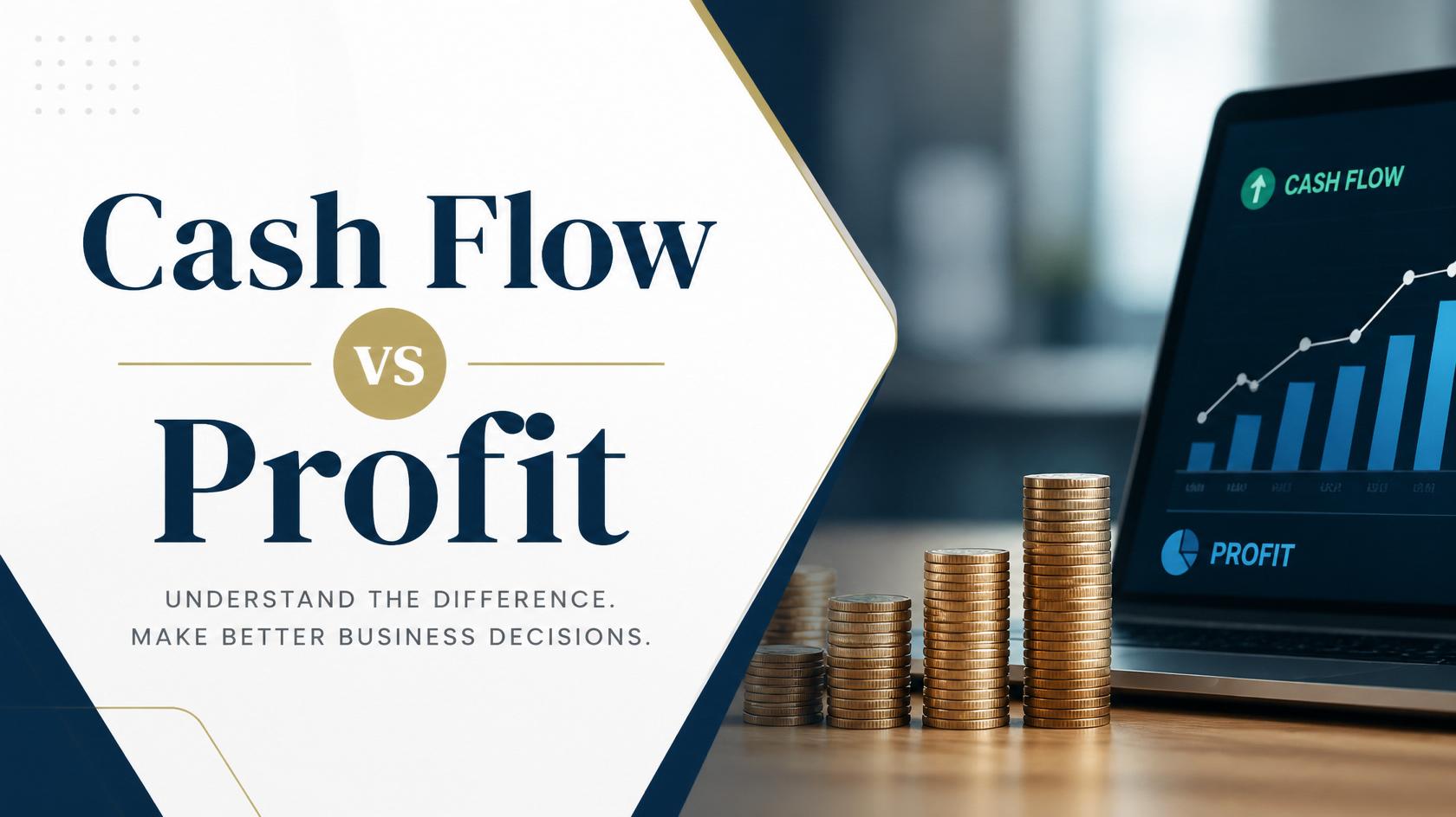 Cash Flow vs Profit illustration showing stacked coins beside a financial dashboard, highlighting the importance of understanding business cash flow and profit.
